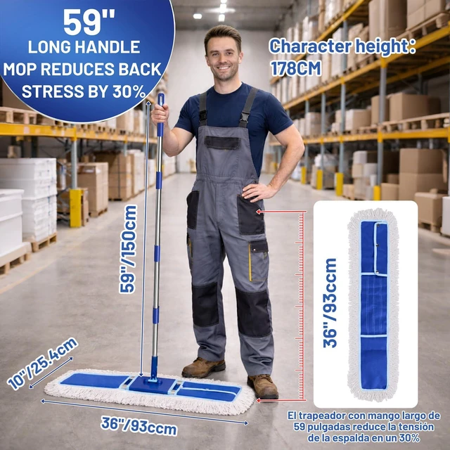 Alt view image 2 of 7 - 36" Commercial Dust Mop: Dust Broom for Hardwood Floors Cleaning 2 Pcs Cotton Mop Pads, 59" Long Handle, Heavy Duty Frame, Industrial Professional Cleaning Supplies, Blue