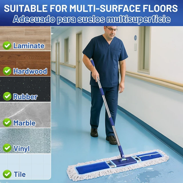 Alt view image 6 of 7 - 36" Commercial Dust Mop: Dust Broom for Hardwood Floors Cleaning 2 Pcs Cotton Mop Pads, 59" Long Handle, Heavy Duty Frame, Industrial Professional Cleaning Supplies, Blue