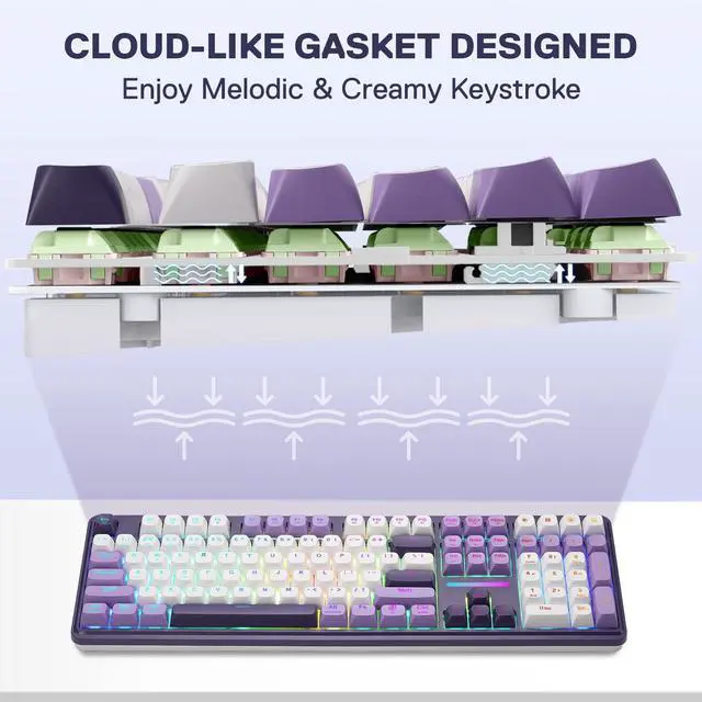 Alt view image 5 of 7 - K745 PRO Wireless Gasket RGB Gaming Keyboard, 108 Keys Mechanical Keyboard w/Extra 4 Hotkeys, Hot-Swap Socket, 5-Layer Noise Dampening, See-Through Round PBT Keycaps, Mint Mambo Switch