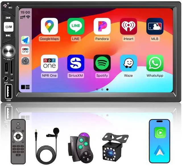 Main image of 7 Inch Double Din Car Stereo Wireless Apple CarPlay Android Auto Radio | Bluetooth 5.2,IPS Touchscreen 1024*600, Backup Camera,FM,EQ Audio,Dual USB+Type-c Charging,Subwoord,Navigation,CarPlay MP5
