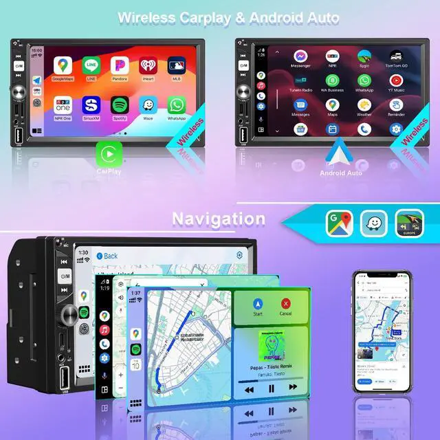 Alt view image 2 of 7 - 7 Inch Double Din Car Stereo Wireless Apple CarPlay Android Auto Radio | Bluetooth 5.2,IPS Touchscreen 1024*600, Backup Camera,FM,EQ Audio,Dual USB+Type-c Charging,Subwoord,Navigation,CarPlay MP5