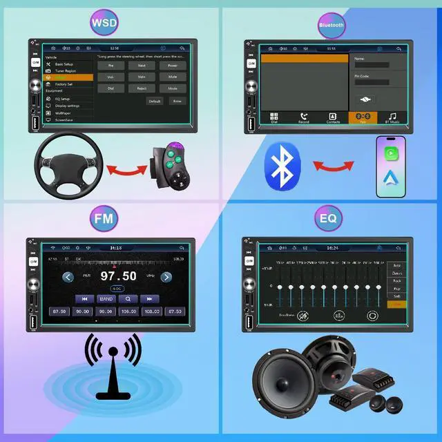Alt view image 5 of 7 - 7 Inch Double Din Car Stereo Wireless Apple CarPlay Android Auto Radio | Bluetooth 5.2,IPS Touchscreen 1024*600, Backup Camera,FM,EQ Audio,Dual USB+Type-c Charging,Subwoord,Navigation,CarPlay MP5