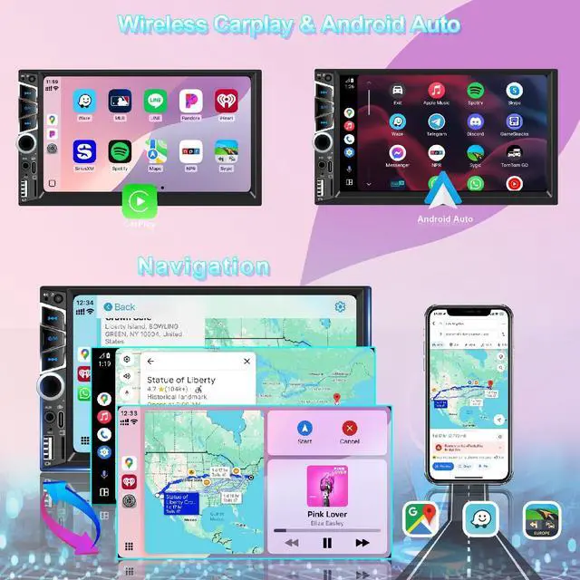Alt view image 2 of 7 - Wireless Apple Carplay 7 inch Double Din Car Stereo,Car Audio Receivers | Android Auto,IPS Touchscreen,Bluetooth 5.2,FM Car Radio,Bakcup Camera,Subwoofer Ports,Type-C/USB Fast Charging,GPS Navigation