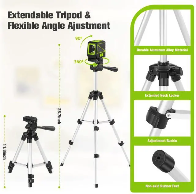 Alt view image 2 of 7 - Laser Level with Tripod, 100 feet Green Cross Line Self Rotary Leveling Laser Level, Vertical and Horizontal Line, Rotatable 360 Degree, Manual Self leveling and Pulse Mode,IP54 Waterproof & Battery