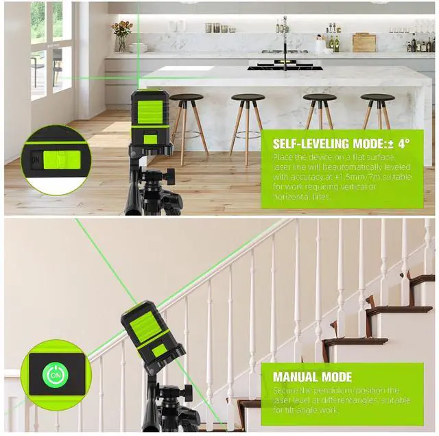 Alt view image 4 of 7 - Laser Level with Tripod, 100 feet Green Cross Line Self Rotary Leveling Laser Level, Vertical and Horizontal Line, Rotatable 360 Degree, Manual Self leveling and Pulse Mode,IP54 Waterproof & Battery