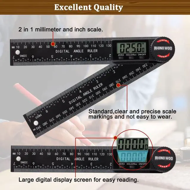 Alt view image 3 of 7 - Digital Angle Finder Protractor, Angle Measuring Tool for Woodworking/Carpenter/Construction/Handmade MeasurementAngle Finder Ruler with 7inch/200mm(2 Batteries Included) (Enhanced ABS)