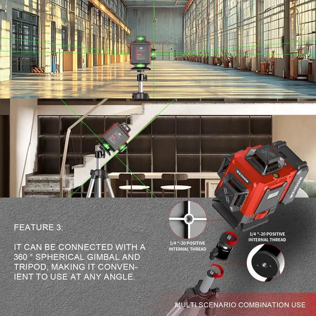 Alt view image 4 of 5 - Laser Level with Tripod, Self Leveling Laser Level 4x360°, Green Line Laser 4D Laser Leveler Tool with 2Pcs Lithium Batteries for Picture Hanging, Tile, Home Renovation(SizeX)