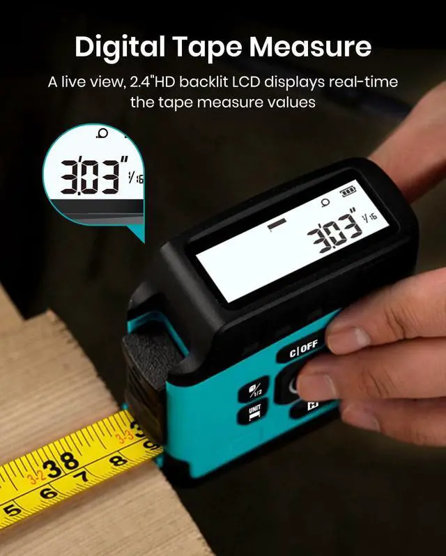 Alt view image 3 of 7 - Digital Laser Tape Measure,130 FT Laser Measuring Tool,16 FT Easy Read Digital Measuring Tape Retractable Manual-Locking Blade, Rechargeable Measurement Tool, Area/Volume/Pythagorean