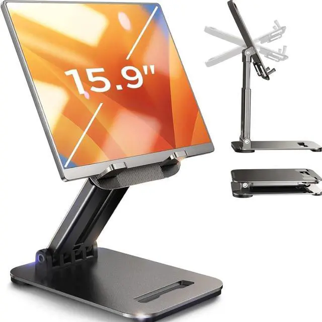 Main image of Tablet Stand for iPad, Tablet Holder for Desk, Desk Accessories Portable Monitor Stand for Apple iPad mini Air Switch Kindle, Adjustable Height and Angle, Foldable Design for Travel