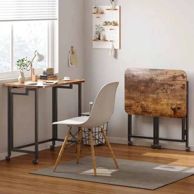 Alt view image 2 of 6 - Folding Desk for Small Spaces,Mobile Portable Rolling Laptop PC Table on Wheels,Foldable Computer Desk for Home Office,Bedroom,Dorm,Space Saving (Rustic & Brown, 23.6")