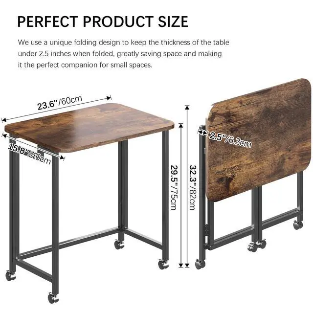 Alt view image 4 of 6 - Folding Desk for Small Spaces,Mobile Portable Rolling Laptop PC Table on Wheels,Foldable Computer Desk for Home Office,Bedroom,Dorm,Space Saving (Rustic & Brown, 23.6")
