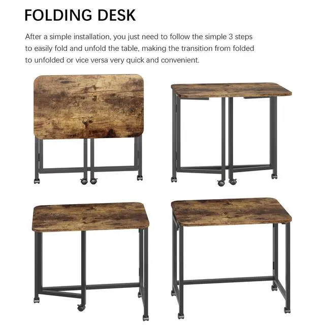 Alt view image 5 of 6 - Folding Desk for Small Spaces,Mobile Portable Rolling Laptop PC Table on Wheels,Foldable Computer Desk for Home Office,Bedroom,Dorm,Space Saving (Rustic & Brown, 23.6")