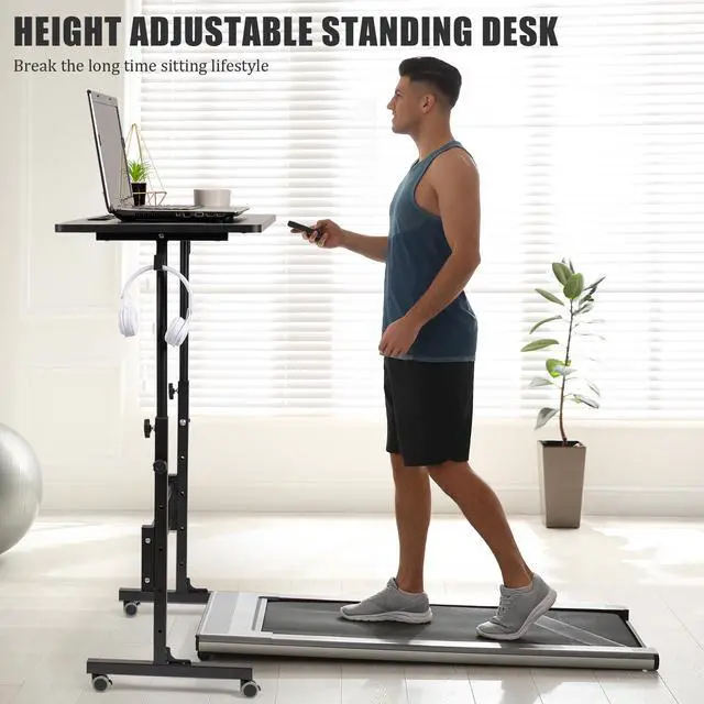 Alt view image 2 of 7 - Standing Desk Adjustable Height, Small Mobile Table with Wheels, Rolling Desk for Standing or Sitting, Portable Computer Desk for Walking Pad, Black