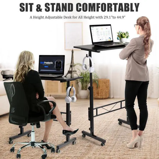 Alt view image 3 of 7 - Standing Desk Adjustable Height, Small Mobile Table with Wheels, Rolling Desk for Standing or Sitting, Portable Computer Desk for Walking Pad, Black
