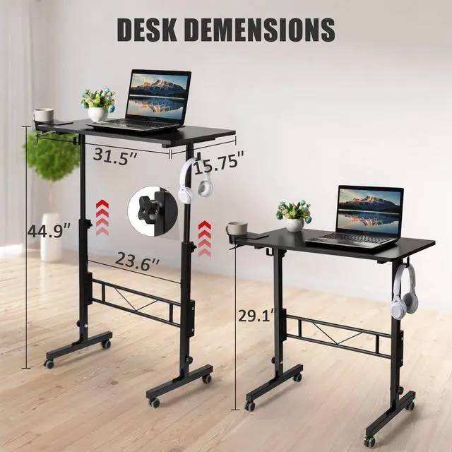 Alt view image 4 of 7 - Standing Desk Adjustable Height, Small Mobile Table with Wheels, Rolling Desk for Standing or Sitting, Portable Computer Desk for Walking Pad, Black
