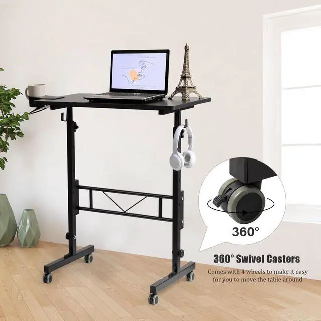 Alt view image 6 of 7 - Standing Desk Adjustable Height, Small Mobile Table with Wheels, Rolling Desk for Standing or Sitting, Portable Computer Desk for Walking Pad, Black