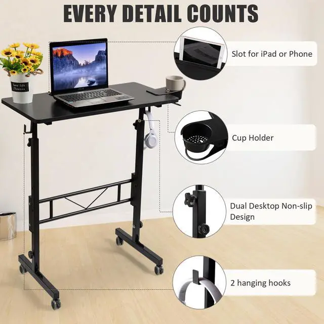 Alt view image 5 of 7 - Standing Desk Adjustable Height, Small Mobile Table with Wheels, Rolling Desk for Standing or Sitting, Portable Computer Desk for Walking Pad, Black