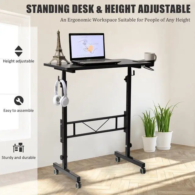 Alt view image 7 of 7 - Standing Desk Adjustable Height, Small Mobile Table with Wheels, Rolling Desk for Standing or Sitting, Portable Computer Desk for Walking Pad, Black
