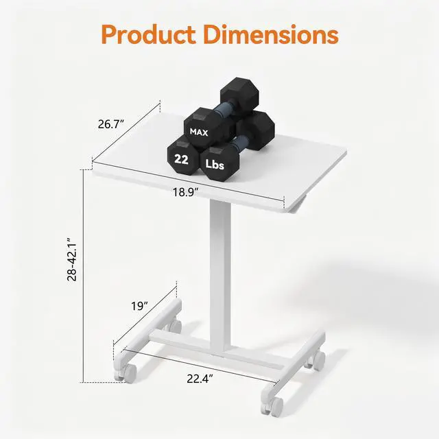 Alt view image 2 of 6 - Mobile Standing Desk with Wheels, Pneumatic Height Adjustable Rolling Computer Workstation with Lockable Casters (White)