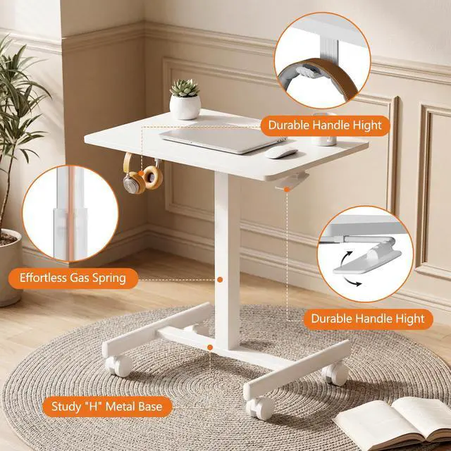 Alt view image 3 of 6 - Mobile Standing Desk with Wheels, Pneumatic Height Adjustable Rolling Computer Workstation with Lockable Casters (White)
