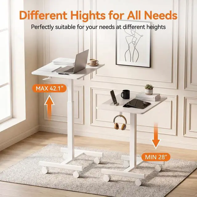Alt view image 4 of 6 - Mobile Standing Desk with Wheels, Pneumatic Height Adjustable Rolling Computer Workstation with Lockable Casters (White)