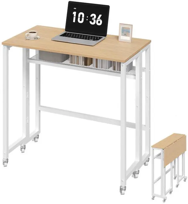 Main image of Folding Computer Desk with Storage Shelf, 25.2" Rolling Folding Desk with Wheels, for Small Spaces, Living Room, Bedroom, Office, White and Natural DN08WN