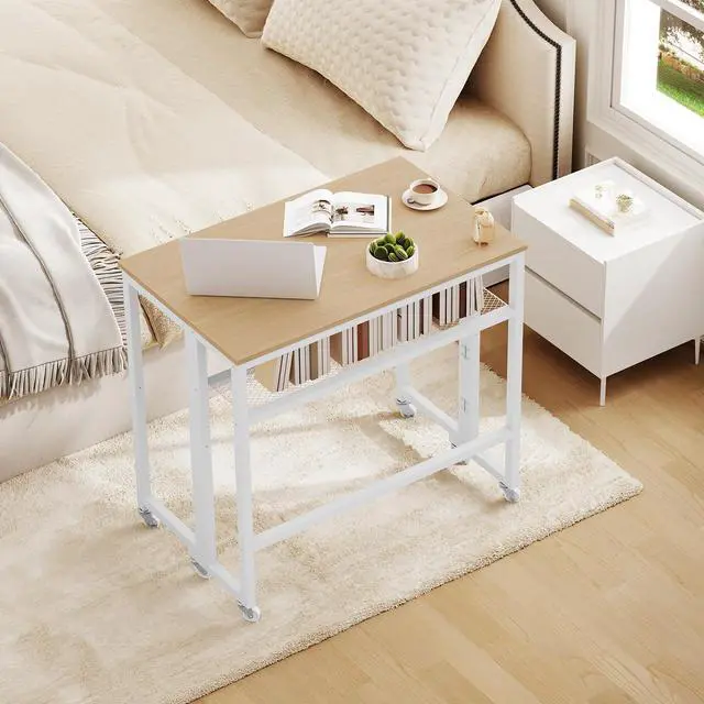 Alt view image 3 of 7 - Folding Computer Desk with Storage Shelf, 25.2" Rolling Folding Desk with Wheels, for Small Spaces, Living Room, Bedroom, Office, White and Natural DN08WN