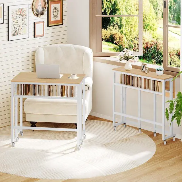 Alt view image 2 of 7 - Folding Computer Desk with Storage Shelf, 25.2" Rolling Folding Desk with Wheels, for Small Spaces, Living Room, Bedroom, Office, White and Natural DN08WN