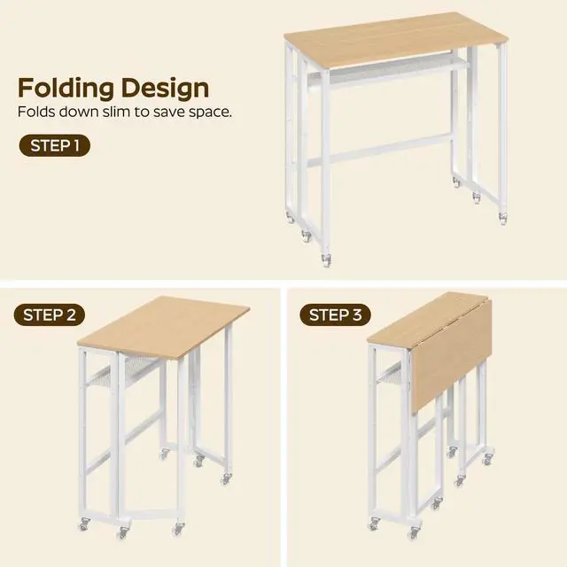 Alt view image 4 of 7 - Folding Computer Desk with Storage Shelf, 25.2" Rolling Folding Desk with Wheels, for Small Spaces, Living Room, Bedroom, Office, White and Natural DN08WN