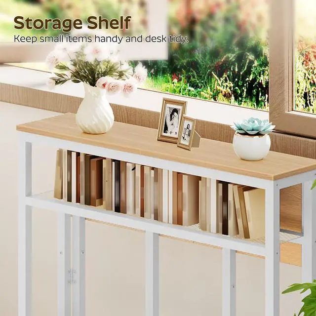 Alt view image 6 of 7 - Folding Computer Desk with Storage Shelf, 25.2" Rolling Folding Desk with Wheels, for Small Spaces, Living Room, Bedroom, Office, White and Natural DN08WN