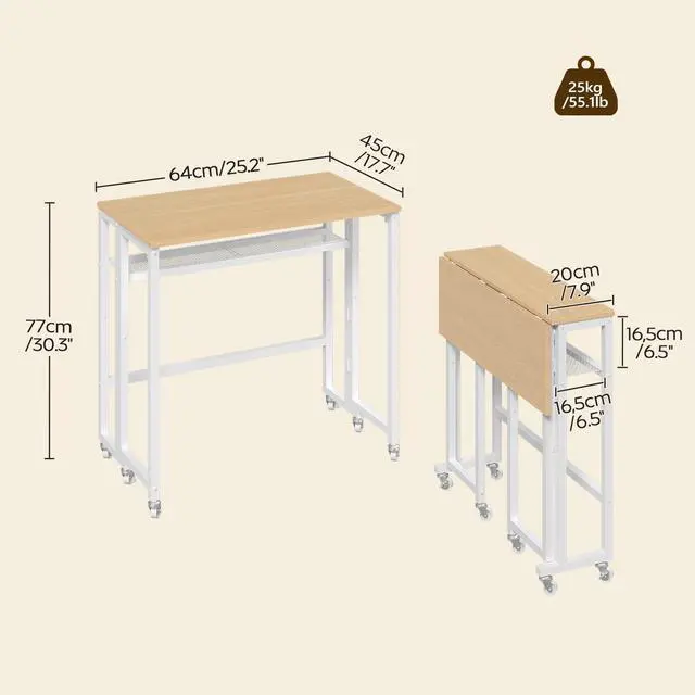 Alt view image 7 of 7 - Folding Computer Desk with Storage Shelf, 25.2" Rolling Folding Desk with Wheels, for Small Spaces, Living Room, Bedroom, Office, White and Natural DN08WN