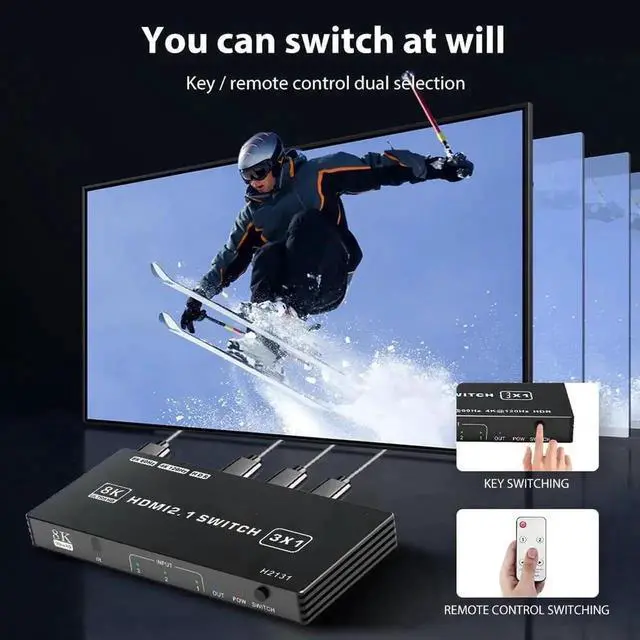 Alt view image 2 of 7 - HDMI 2.1 Switch 3 in 1 Out, 8K@60Hz 4K@120Hz 48Gbps HDMI Switch Box, Supports HDCP2.3 HDR10 CEC Auto Switching, Compatible with PS5, Xbox Series X/S, Nintendo Switch, PC, DVD Player, HDTV Monitor