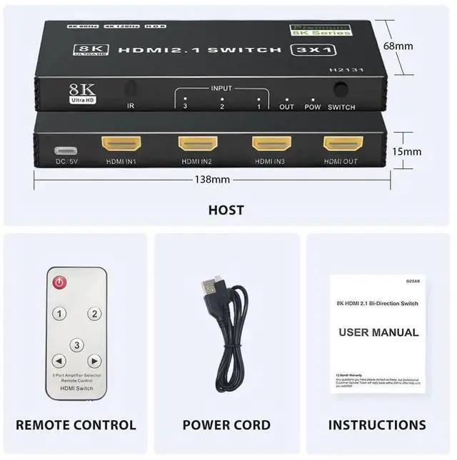 Alt view image 4 of 7 - HDMI 2.1 Switch 3 in 1 Out, 8K@60Hz 4K@120Hz 48Gbps HDMI Switch Box, Supports HDCP2.3 HDR10 CEC Auto Switching, Compatible with PS5, Xbox Series X/S, Nintendo Switch, PC, DVD Player, HDTV Monitor