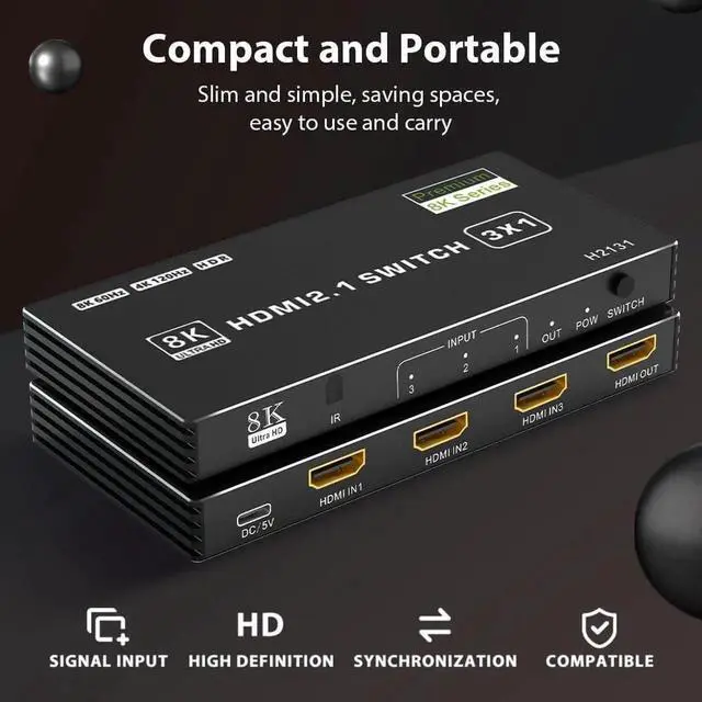 Alt view image 7 of 7 - HDMI 2.1 Switch 3 in 1 Out, 8K@60Hz 4K@120Hz 48Gbps HDMI Switch Box, Supports HDCP2.3 HDR10 CEC Auto Switching, Compatible with PS5, Xbox Series X/S, Nintendo Switch, PC, DVD Player, HDTV Monitor