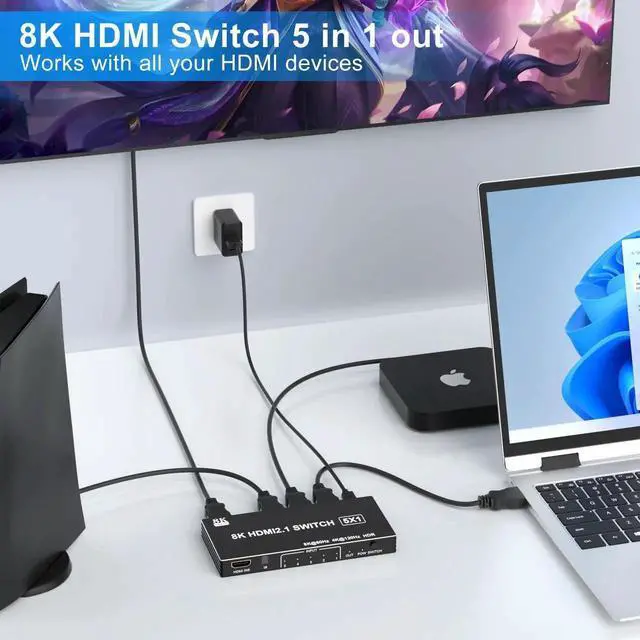 Alt view image 2 of 7 - 5 in 1 Out HDMI 2.1 Switch, 8K@60Hz 4K@120Hz 48Gbps HDMI Switcher Selector Box with IR Remote Control, Supports HDR HDCP2.3 Auto Switching, Compatible with PS5 PS4 PS3 Xbox Nintendo Switch Roku TV Fir