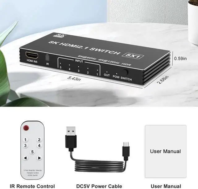 Alt view image 4 of 7 - 5 in 1 Out HDMI 2.1 Switch, 8K@60Hz 4K@120Hz 48Gbps HDMI Switcher Selector Box with IR Remote Control, Supports HDR HDCP2.3 Auto Switching, Compatible with PS5 PS4 PS3 Xbox Nintendo Switch Roku TV Fir