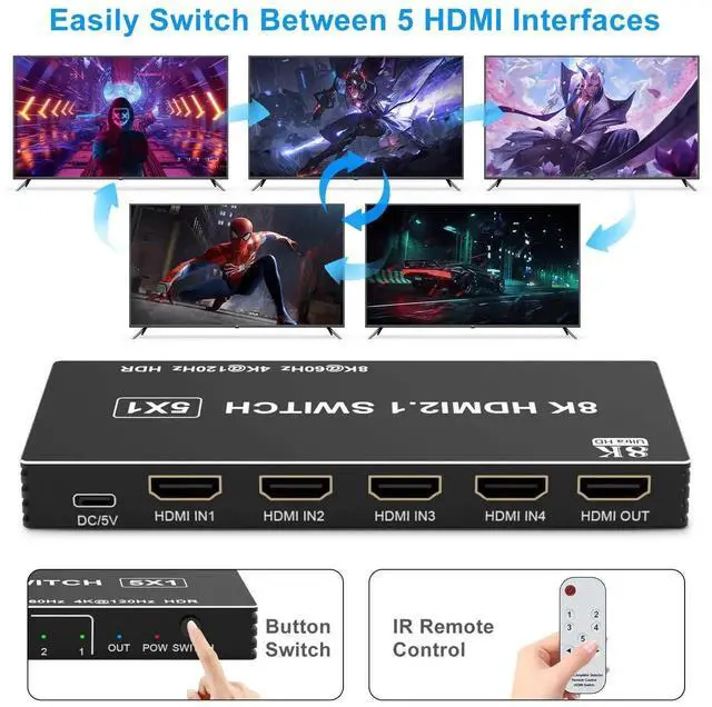 Alt view image 6 of 7 - 5 in 1 Out HDMI 2.1 Switch, 8K@60Hz 4K@120Hz 48Gbps HDMI Switcher Selector Box with IR Remote Control, Supports HDR HDCP2.3 Auto Switching, Compatible with PS5 PS4 PS3 Xbox Nintendo Switch Roku TV Fir