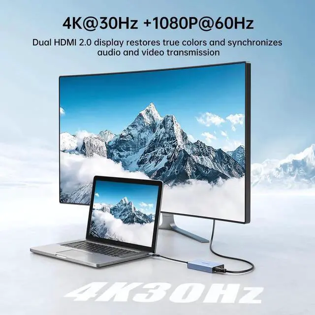 Alt view image 4 of 7 - WRIARICH MT-VIKI USB 3.0 & USB-C to Dual HDMI Extended Display Adapter, Dual Monitor Multi-Screen Splitter 4K@30Hz + 1080P@60Hz for Windows & Mac, Driver Required