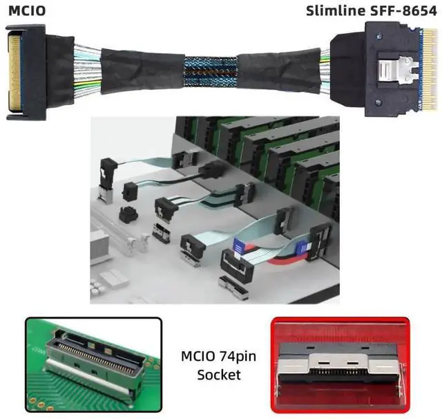 Alt view image 4 of 6 - WRIARICH 50cm PCIe 5.0 Mini Cool Edge IO MCIO 74Pin to SFF-8654 8i Slimline SAS 4.0 Extension Cable, 24Gbps High-Speed Server Interconnect Cable for Data Center NVMe Storage Arrays