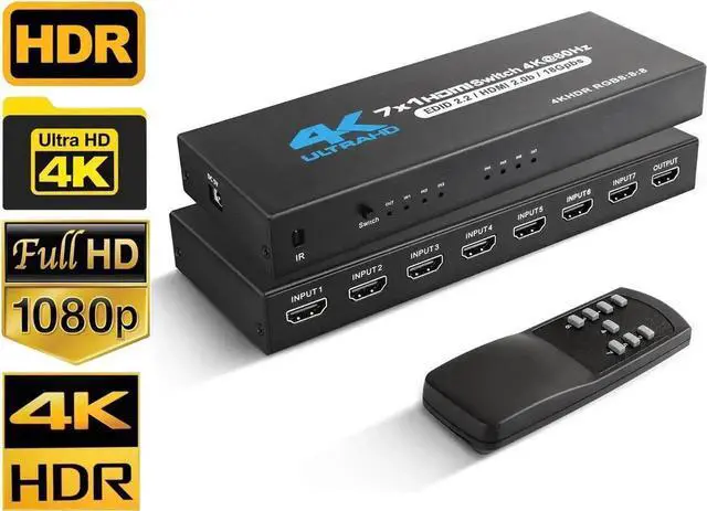 Main image of 7 in 1 Out HDMI 2.0 Switch with IR Remote, 7-Port 4K@60Hz HDR10 HDMI Switcher Selector, Support HDCP 2.2, 3D, 1080P, Dolby & DTS Audio, Compatible with PS4, Xbox, Fire Stick, Blu-Ray Player, HDTV Proj