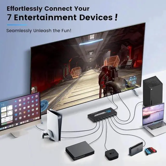 Alt view image 4 of 4 - 7 in 1 Out HDMI 2.0 Switch with IR Remote, 7-Port 4K@60Hz HDR10 HDMI Switcher Selector, Support HDCP 2.2, 3D, 1080P, Dolby & DTS Audio, Compatible with PS4, Xbox, Fire Stick, Blu-Ray Player, HDTV Proj