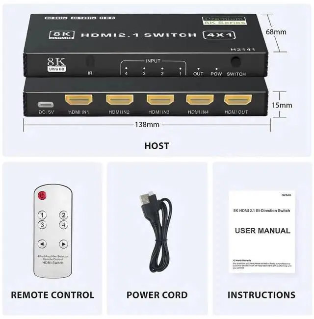 Alt view image 6 of 7 - WRIARICH 8K HDMI 2.1 Switch 4 in 1 Out, 48Gbps High Speed HDMI Switch Box with IR Remote & Auto Switching, Supports HDR10 HDCP2.3, Compatible with PS5, PS4, PS3, Xbox, Nintendo Switch, HDTV & Monitor