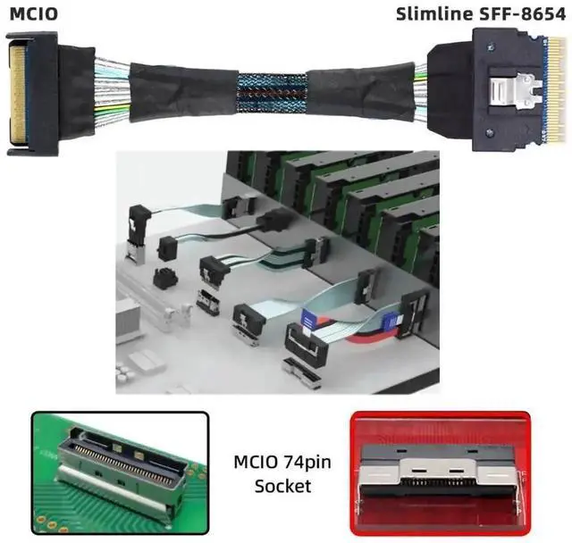 Alt view image 5 of 6 - WRIARICH 50cm PCIe 5.0 MCIO 74Pin to SFF-8654 8i 74Pin Extension Cable, Mini Cool Edge IO to Slimline SAS 4.0 24Gbps High-Density Server Interconnect Cable for NVMe Storage Backplane Arrays