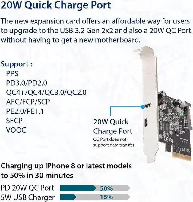 Alt view image 4 of 5 - WRIARICH PCIe Gen3 x4 USB-C 3.2 Gen2x2 20Gbps Expansion Card with 20W QC Fast Charging, SATA 15Pin Powered, ASMedia ASM3242 Controller, Full & Low Profile Brackets for Desktop PC