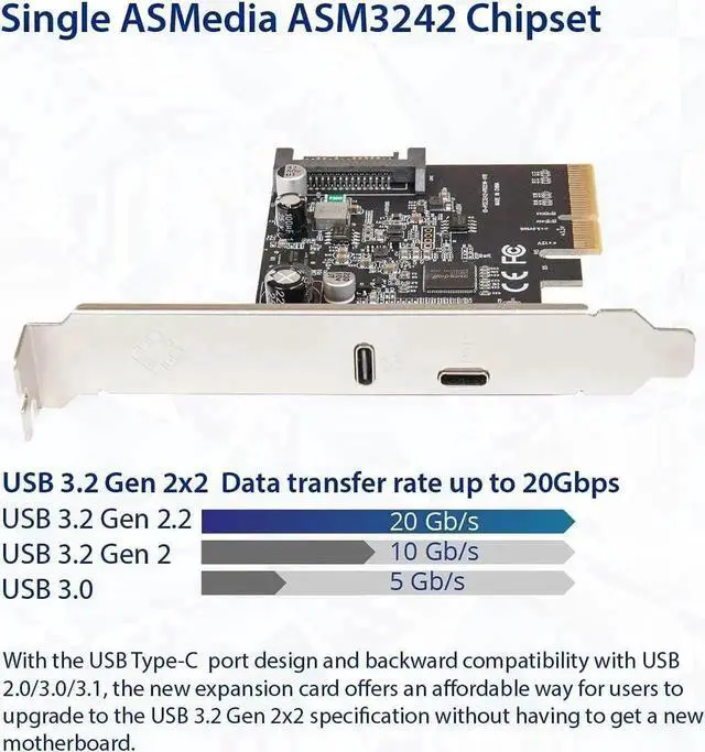 Alt view image 3 of 5 - WRIARICH PCIe Gen3 x4 USB-C 3.2 Gen2x2 20Gbps Expansion Card with 20W QC Fast Charging, SATA 15Pin Powered, ASMedia ASM3242 Controller, Full & Low Profile Brackets for Desktop PC