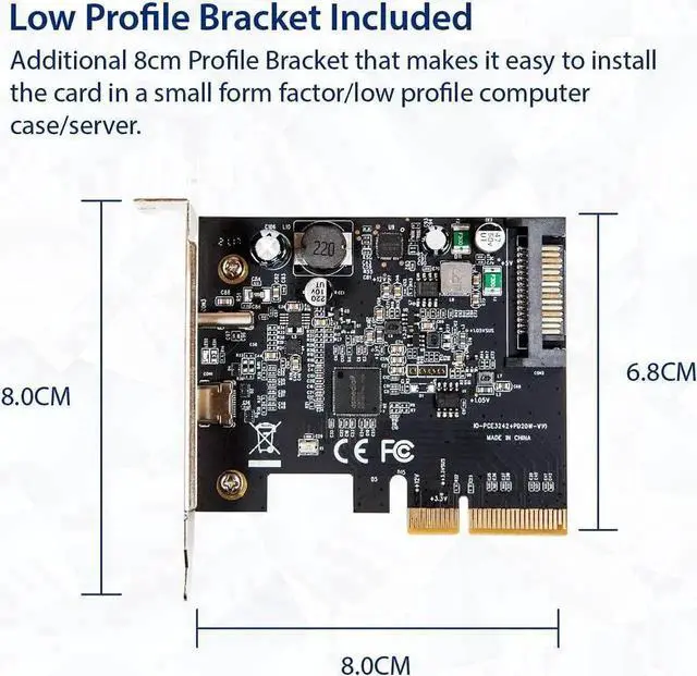 Alt view image 5 of 5 - WRIARICH PCIe Gen3 x4 USB-C 3.2 Gen2x2 20Gbps Expansion Card with 20W QC Fast Charging, SATA 15Pin Powered, ASMedia ASM3242 Controller, Full & Low Profile Brackets for Desktop PC
