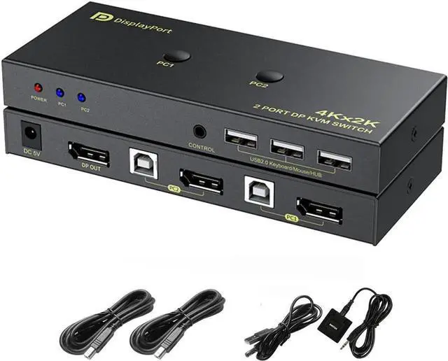 Main image of WRIARICH 2 Port DP 1.2 DisplayPort KVM Switch 4K@60Hz, 2 Computers Share 1 Monitor Keyboard Mouse with USB 2.0 Ports & USB Cables Included