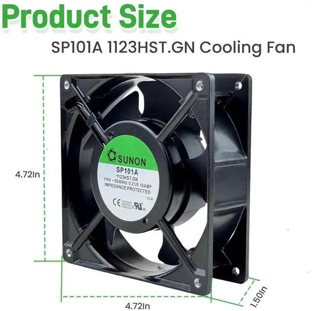 Alt view image 3 of 6 - WRIARICH SUNON SP101A-1123HST.GN 12038 AC115V 0.21/0.18A 2-Pin Cooling Fan, 120×120×38mm 2900RPM High Airflow Aluminum Frame Cabinet Fan
