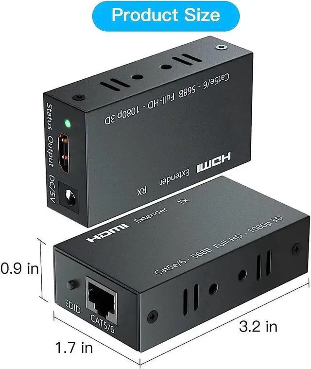 Alt view image 2 of 7 - WRIARICH 60M/196FT HDMI Over Single Cat6 RJ45 Ethernet Extender Transmitter & Receiver Kit, 1080P 3D HDCP Compliant HDMI LAN Extender with EDID Function for HD Display Transmission