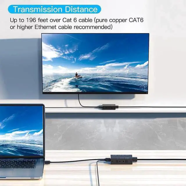 Alt view image 4 of 7 - WRIARICH 60M/196FT HDMI Over Single Cat6 RJ45 Ethernet Extender Transmitter & Receiver Kit, 1080P 3D HDCP Compliant HDMI LAN Extender with EDID Function for HD Display Transmission